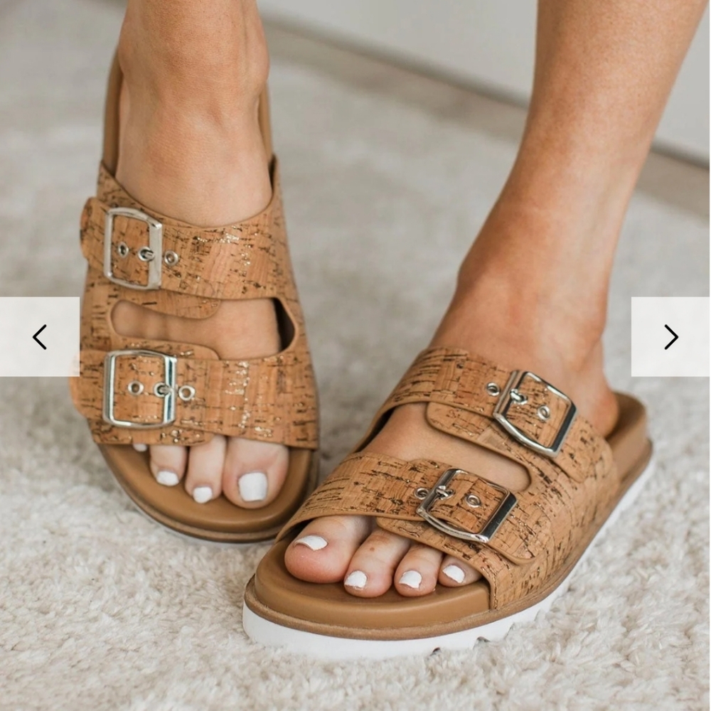 Corkys Tan Sandals with Braided Straps and Buckle Details